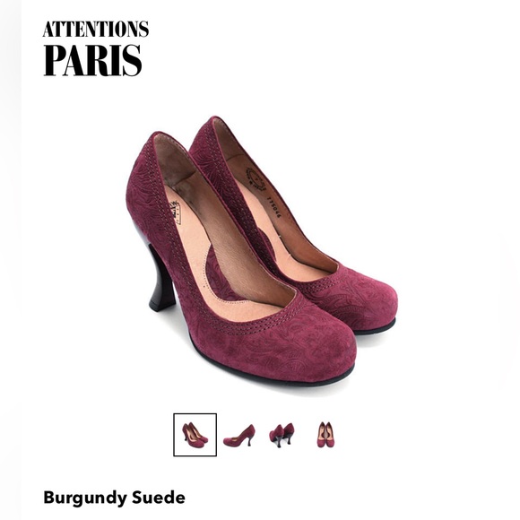 Fluevog Attentions Paris Purple Red Brocade Embossed Pumps Sculptural Wood Heel